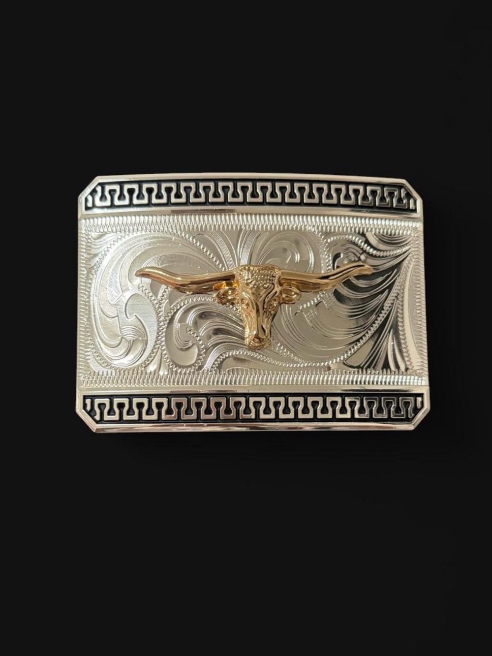 Western Silver Belt Buckle with Gold Longhorn Accent